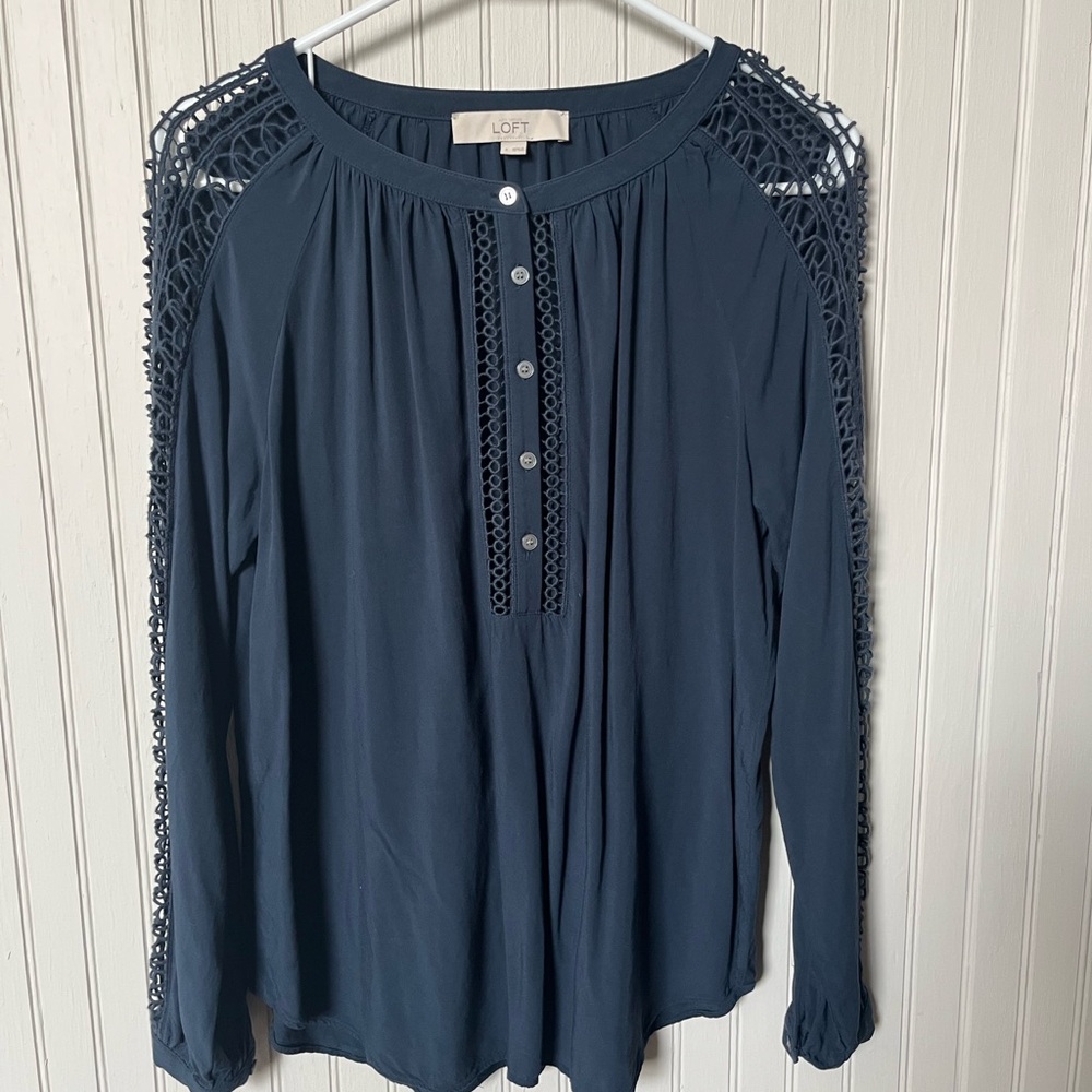 LOFT Dark Blue Crochet Accent Blouse